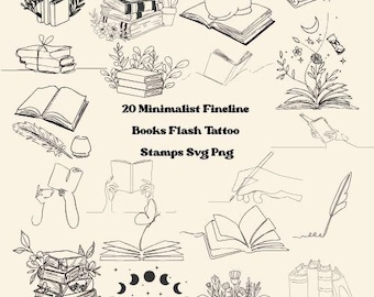 Fine Line Books SVG & PNG バンドル | ミニマリストブックタトゥーフラッシュ | Cricut および Silhouette Cut ファイル | ラインアートブッククリップアート | デジタルダウンロード