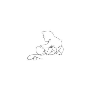 May include: A minimalist black line drawing of a cat in a resting pose. The artwork features a continuous line, creating a simple yet elegant representation of the feline form against a white background. The cat's silhouette is clearly defined.