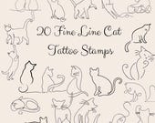 Minimalist Cat Tattoo Stamps - Fine Line Cat SVG & PNG Bundle - Digital Tattoo Flash - Line Art Cat Design - Instant Download