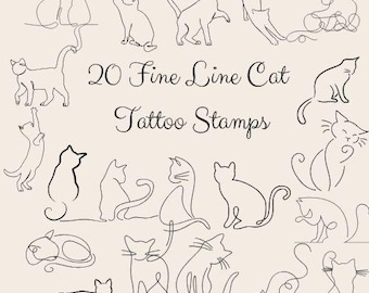 ミニマリスト猫タトゥースタンプ - 細線猫SVG＆PNGバンドル - デジタルタトゥーフラッシュ - 線画猫デザイン - 即時ダウンロード