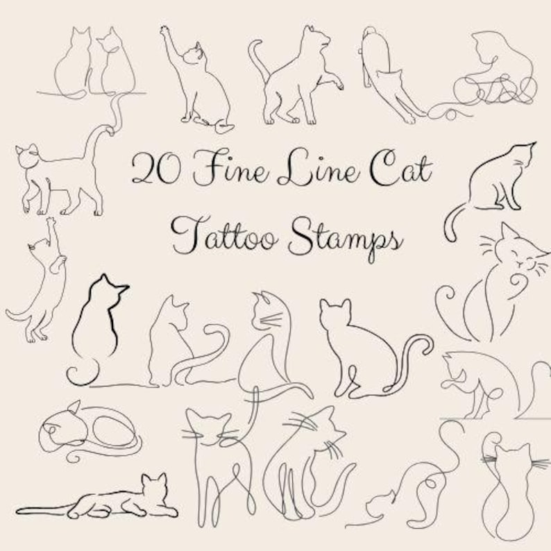 May include: A collection of 20 fine line cat tattoo stamps in black ink. The cat illustrations are in various poses, including sitting, stretching, and playing. The text "20 Fine Line Cat Tattoo Stamps" is in the center of the image.