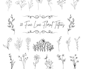 ワイルドフラワーの線画バンドル SVG と PNG | Cricut とデジタルデザイン用の細線の花のイラスト | フラワータトゥースタンプ