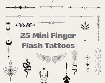 25種類の細い線のミニ指タトゥーオーナメント | ミニマリストタトゥーフラッシュバンドル | タトゥーアーティスト、クリカット、DIY向けのPNGおよびSVGラインアートデザイン