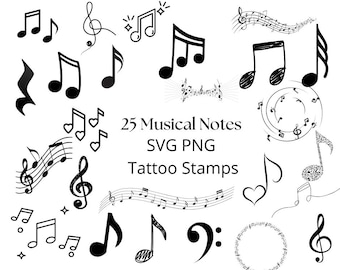 細線音符タトゥースタンプとクリップアート - CricutとSilhouette用ミニマリストSVG＆PNGバンドル - タトゥーアーティスト