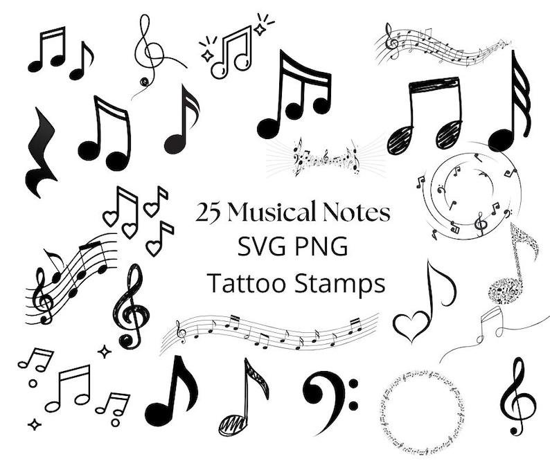 Fine Line Music Note Tattoo Stamps and Clipart – Minimalist SVG & PNG ...