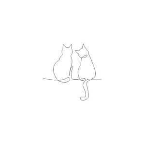 May include: A minimalist line drawing of two cats, depicted in a continuous black line on a white background. The cats are sitting side-by-side, with one cat looking towards the other.