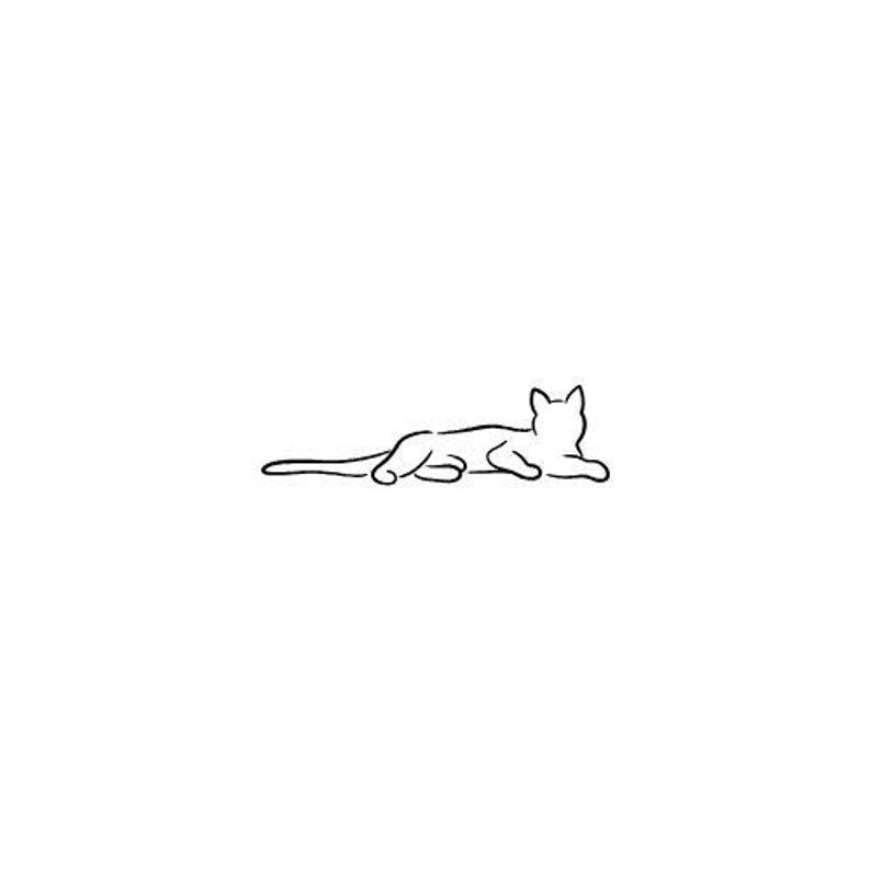 May include: A minimalist black line drawing of a cat in a resting pose. The cat's body is elongated, with its head and tail slightly raised. The artwork is set against a clean white background, creating a simple and elegant design.