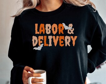Sweat-shirt d’Halloween d’infirmière de travail et d’accouchement, chemise d’automne d’infirmière L & D, sweat-shirt d’Halloween d’infirmière de travail et d’accouchement, col d’équipage d’infirmière LD