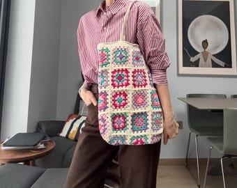 Bolso de mano cuadrado de abuela hecho a mano, con patchwork colorido, ideal como regalo para ella, bolso de algodón bohemio, regalo para el Día de la Madre.