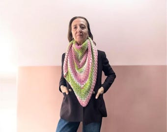 Handmade Crochet Shawl Wrap Pink Green White | Soft Spring Knit Shoulder Wrap | Gift for Her | Lightweight Scarf | FREE Floral Brooch