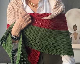 Bufanda triangular de crochet hecha a mano - Bufanda bohemia a rayas, regalo para ella, regalo para el Día de la Madre, chal grande de crochet