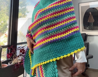 Manta de crochet hecha a mano, manta de sofá con rayas de colores, chal de crochet, regalo para ella, regalo para el Día de la Madre.