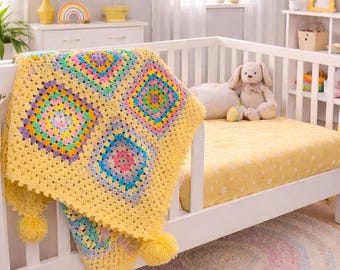 Manta de bebé de crochet – Cuadrado de abuela amarillo pastel – Género neutro – Manta para recién nacido – Regalo hecho a mano para bebé, regalo para baby shower, decoración para habitación infantil