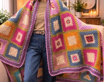 Manta cuadrada de ganchillo hecha a mano estilo abuela, manta de patchwork colorida, manta afgana bohemia rosa, amarilla, azul y verde, manta de punto grande, regalo para el hogar.