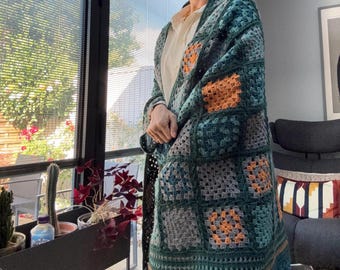 Chal cuadrado de abuela de ganchillo hecho a mano, manta multicolor bohemia, manta para la televisión, regalo para el Día de la Madre, decoración del hogar, chal de ganchillo, regalo para ella