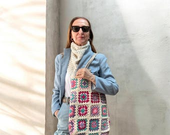 Crochet Granny Square Tote Bag, Handmade Colorful Shoulder Bag, Boho Knit Bag, Everyday Market Tote, Gift for Her, Free Crochet Scarf