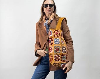 Bolso de mano cuadrado de ganchillo hecho a mano estilo abuela - Bolso de hombro bohemio - Bolso de mercado ecológico color mostaza - Bolso retro - Regalo para ella - Regalo para el Día de la Madre