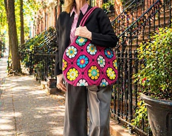 Bolso de mano de ganchillo hecho a mano, bolso de hombro cuadrado estilo boho de abuela, bolso de playa colorido, bolso de mercado estilo hippie, bolso ecológico, regalo para ella.