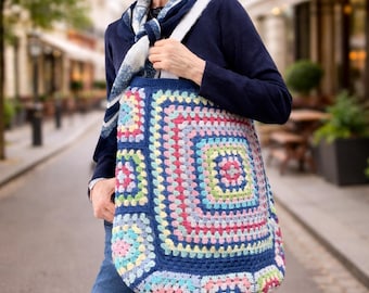 Bolso de mano cuadrado de ganchillo hecho a mano estilo abuela, bolso de hombro bohemio colorido, bolso de mercado grande, regalo para ella, bolso de playa de verano, bolso de playa de verano