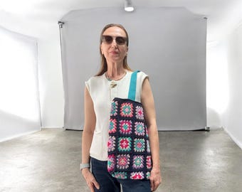 Crochet Granny Square Tote Bag, Handmade Boho Shoulder Bag, Colorful Knit Market Bag, Sustainable Everyday Tote, Gift for Her