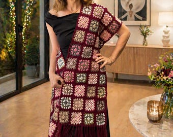 Chal cuadrado de ganchillo hecho a mano estilo abuela - Bufanda estilo boho burdeos extragrande - Bufanda de estilo retro - Regalo único para ella - Regalo para el Día de la Madre