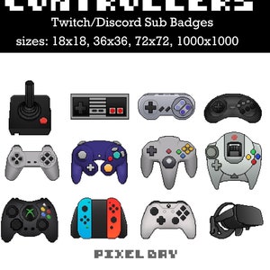 Op de afbeelding: Een set van 10 pixel art-stijl videogamecontroller-pictogrammen. De controllers zijn in verschillende kleuren en stijlen, waaronder een klassieke joystick, een Nintendo Entertainment System-controller, een Super Nintendo Entertainment System-controller, een Sega Genesis-controller, een Nintendo 64-controller, een PlayStation-controller, een GameCube-controller, een Xbox-controller, een Nintendo Switch-controller en een Oculus VR-headset. De tekst "CONTROLLERS" staat bovenaan de afbeelding, en de tekst "Twitch/Discord Sub Badges" staat eronder. De tekst "sizes: 18x18, 36x36, 72x72, 1000x1000" staat eronder. De tekst "PIXEL BAY" staat onderaan de afbeelding.