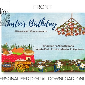 Cartão de convite de aniversário com tema de cultura filipina, Filipinas, Pinoy, Lechon, sorvete, Balut, triciclo, Lumpia, arquivo digital estilo Fiesta