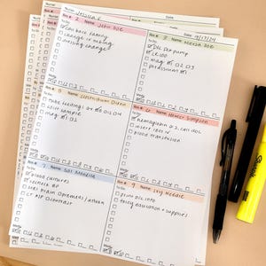 May include: A white sheet of paper with a grid pattern and handwritten notes. The notes are organized by room number and patient name. Each room has a list of tasks to do, such as "change IV tubing", "blood cultures", and "print DIC info".