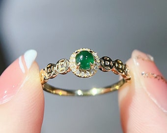 18K gold Full green jade vintage copper coin ring, Lucky Jadeite Ring, dainty jade diamond ring, Natural grade A jadeite ring, Fengshui ring