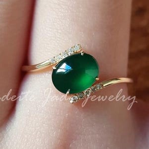 Grade A Green Jadeite Cabochon Ring in 18k Solid Gold – Natural Burmese Oval Jade Ring with Diamond Accents, Dainty Handmade Fine Jewelry