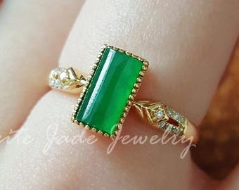 18k Solid Gold Grade A Imperial Green Jadeite Ring Rectangle Cut Vintage Style Diamond Accent Elegant Fine Jade Jewelry Gift for Her