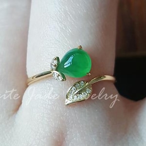 18k Solid Gold Grade A Jadeite Leaf Ring Pear Cabochon Green Jade Open Band Nature Inspired Diamond Accent Fine Jewelry Gift for Her