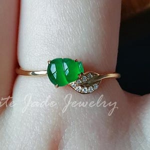 Grade A Rich Apple Green Color Glossy Jadeite Hulu Gourd Ring, Lucky Calabash Ring with Diamond Leaf, Feng Shui For Health & Vital Energy