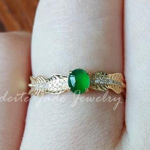 18k Solid Gold Natural Grade A Jadeite Jade Ring, Leaf Design Band with Green Jade Cabochon, Nature Inspired Elegant Gold Ring