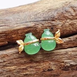 Jade Bottle Gourd Earrings, Apple Green Jade Hu Lu Lucky Earrings, Ice Jadeite Gourd Studs, Mini Jade Wu Lou, 18k Gold Jade Calabash Jewelry