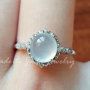 Icy Grade A Jadeite Cabochon Ring in 18k Solid White Gold – Natural Oval Burmese Jade with Diamond Halo, Handmade Luxury Fine Jewelry Gift