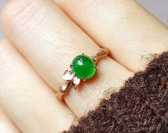 Gold Blatt Jade Verlobungsring, Bambus Ehering Matte Finish, Jadeit Diamant Ring, Vintage Jade Verlobungsring, 1. Jahrestag Ringe