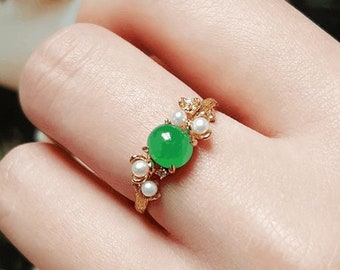 Natürlicher Jade und Perlenring, einzigartige Perle Jade Cabochon Versprechen Ring, burmesische Jadeit Jahrestag Ring, solide Jade Schmuck Rose Gold Ringe