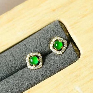 Mini brincos quadrados de jadeíte natural, brincos de jadeíta verde imperial garantidos grau A, brincos de diamante de jade Fei Cui em ouro amarelo 18k