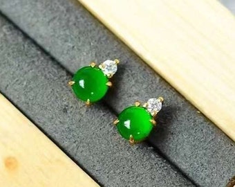 18k Solid Gold Mini Jade 4 Prong Diamond Earrings, Simple Earrings For Daily Use, Dainty Real Jadeite Studs, Imperial Green Jade Earrings