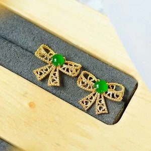 Brincos de fita de laço de jadeíta natural, brincos de jadeíta verde imperial garantidos grau A, brincos de diamante de jade Fei Cui em ouro amarelo 18k