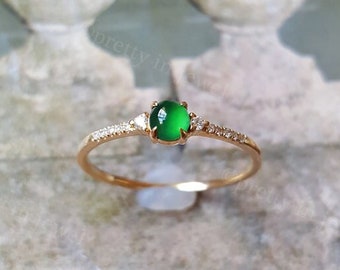 Dainty Jadeite Diamond Ring, Round Green Jade Cabochon, Authentic Burma Jadeite Ring, Mystical March Birthstone, Natural Emerald Jade Ring