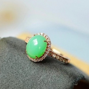 18k Yellow Gold Vivid Green Jadeite Halo Diamond Promise Ring, Custom Jade Engagement Rings, Luxury Jade Wedding Ring, Grade A Burmese Jade