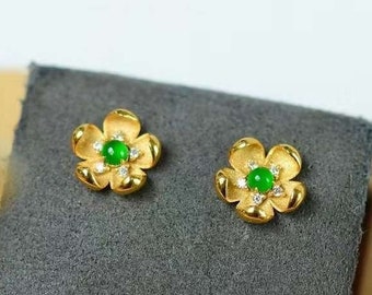 Natural Jadeite Plum Blossom Flower Earrings, Authentic Grade A Imperial Green Jadeite Earrings, 18k Solid Gold Feicui Jade Diamond Earrings