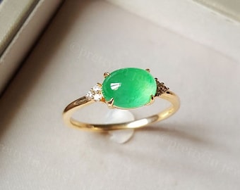 Grade A Burmese Jadeite Horizontal Oval Engagement Ring, Modern Jade Diamond Promise Ring, March Birthstone, Emerald Jade Anniversary Ring