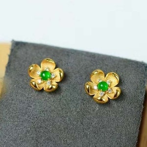 Natural Jadeite Plum Blossom Flower Earrings, Authentic Grade A Imperial Green Jadeite Earrings, 18k Solid Gold Feicui Jade Diamond Earrings