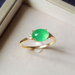 Grade A Burmese Jadeite Horizontal Oval Engagement Ring, Modern Jade Diamond Promise Ring, March Birthstone, Emerald Jade Anniversary Ring