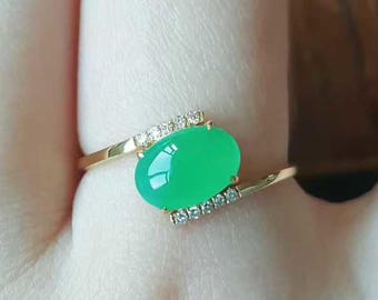 美しい翡翠ダイヤモンドリング、18Kゴールド翡翠結婚指輪、グレードA 