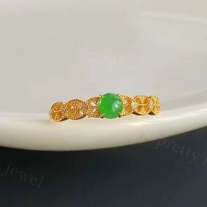 18k Real Gold Vintage Green Jade Diamond Wedding Band, Round Cabochon Cut Grade A Burmese Jade Stacking Ring, Genuine Jadeite Ring For Sale