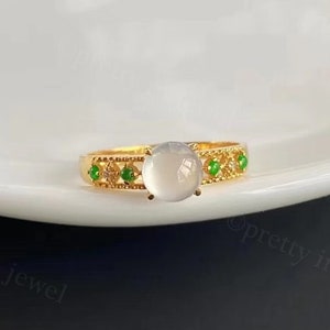 18k Solid Gold Icy Round Jade Cabochon Ring, 4 Prongs Ice Jadeite Engagement Ring, Genuine Jade Ring, Vintage Band, Grade A Natural Jade